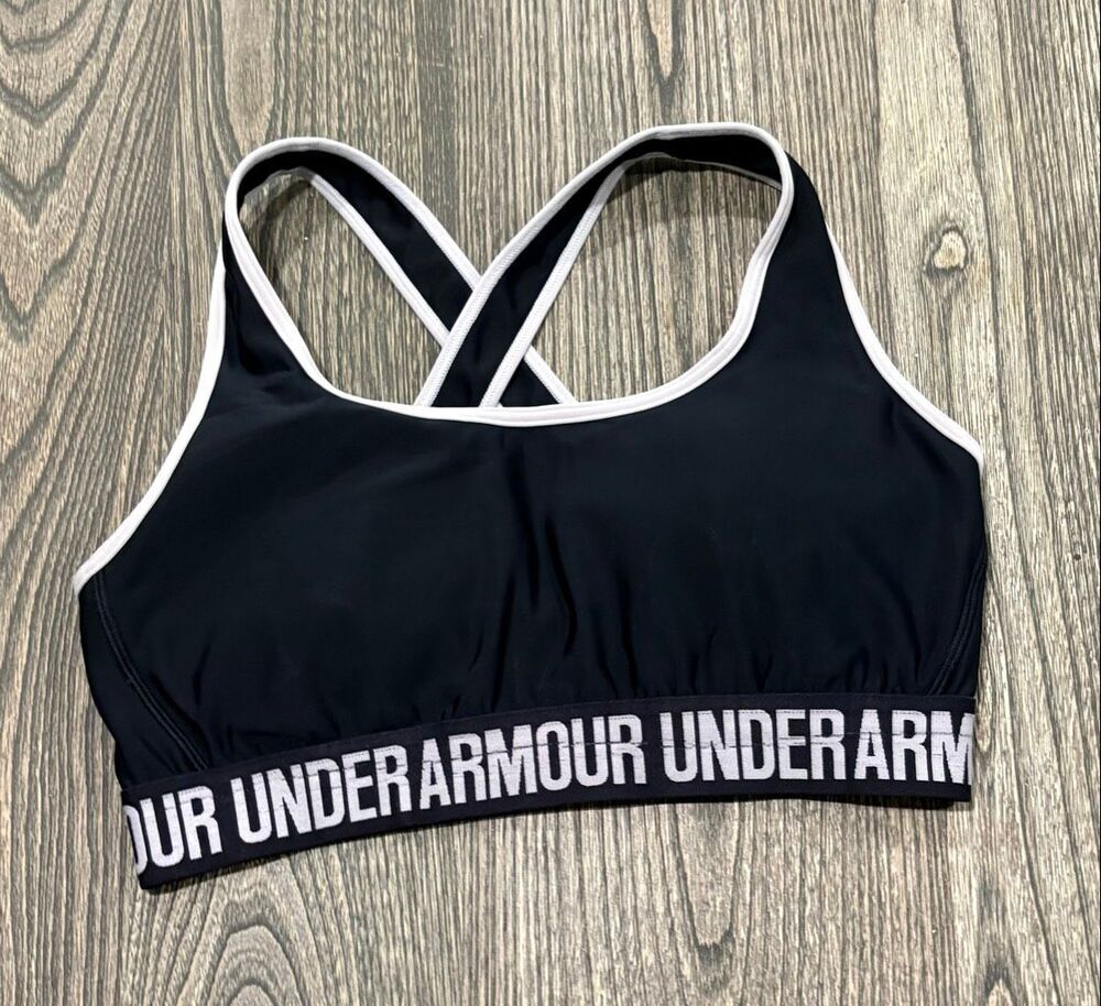 Under Armour Womens Sports Bra Crossback Logo Band Pullover Black White Size M